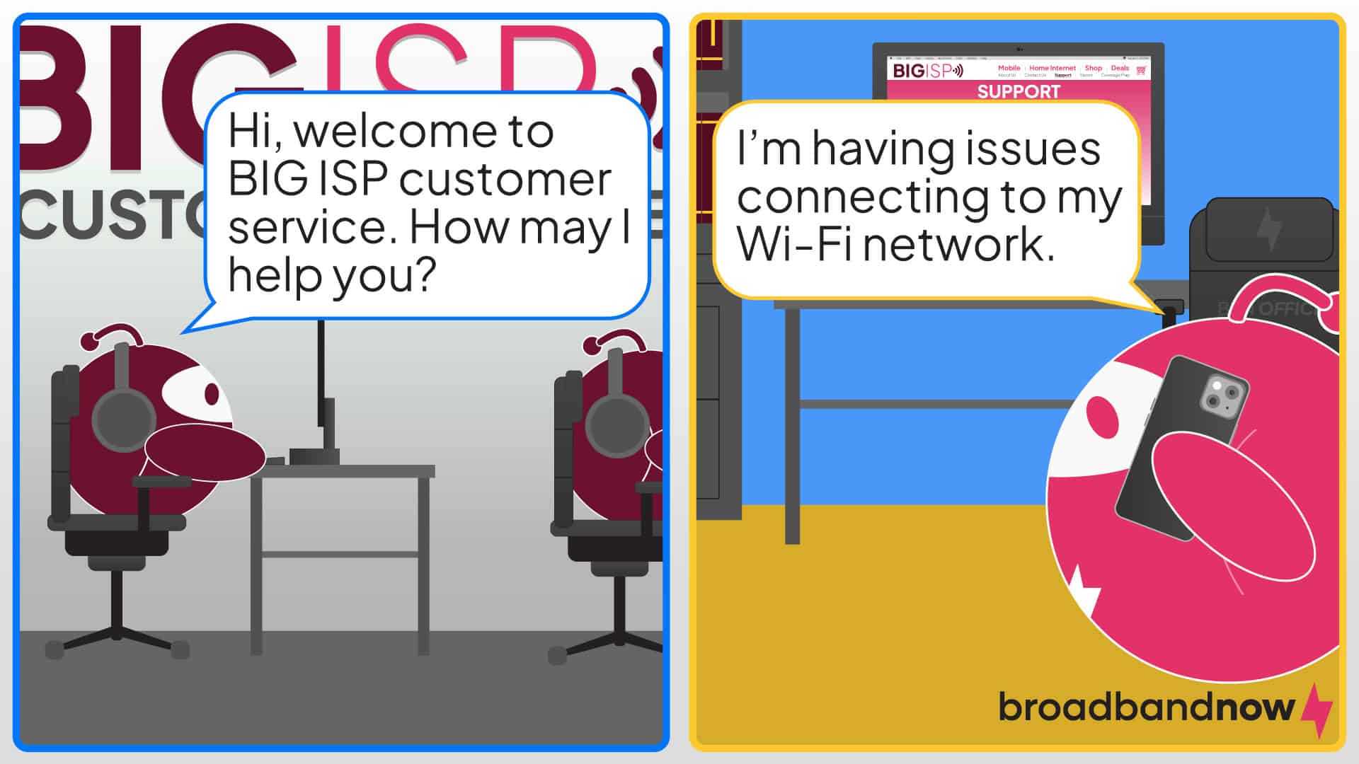 A graphic illustration of character mascots speaking to each other over the phone.
